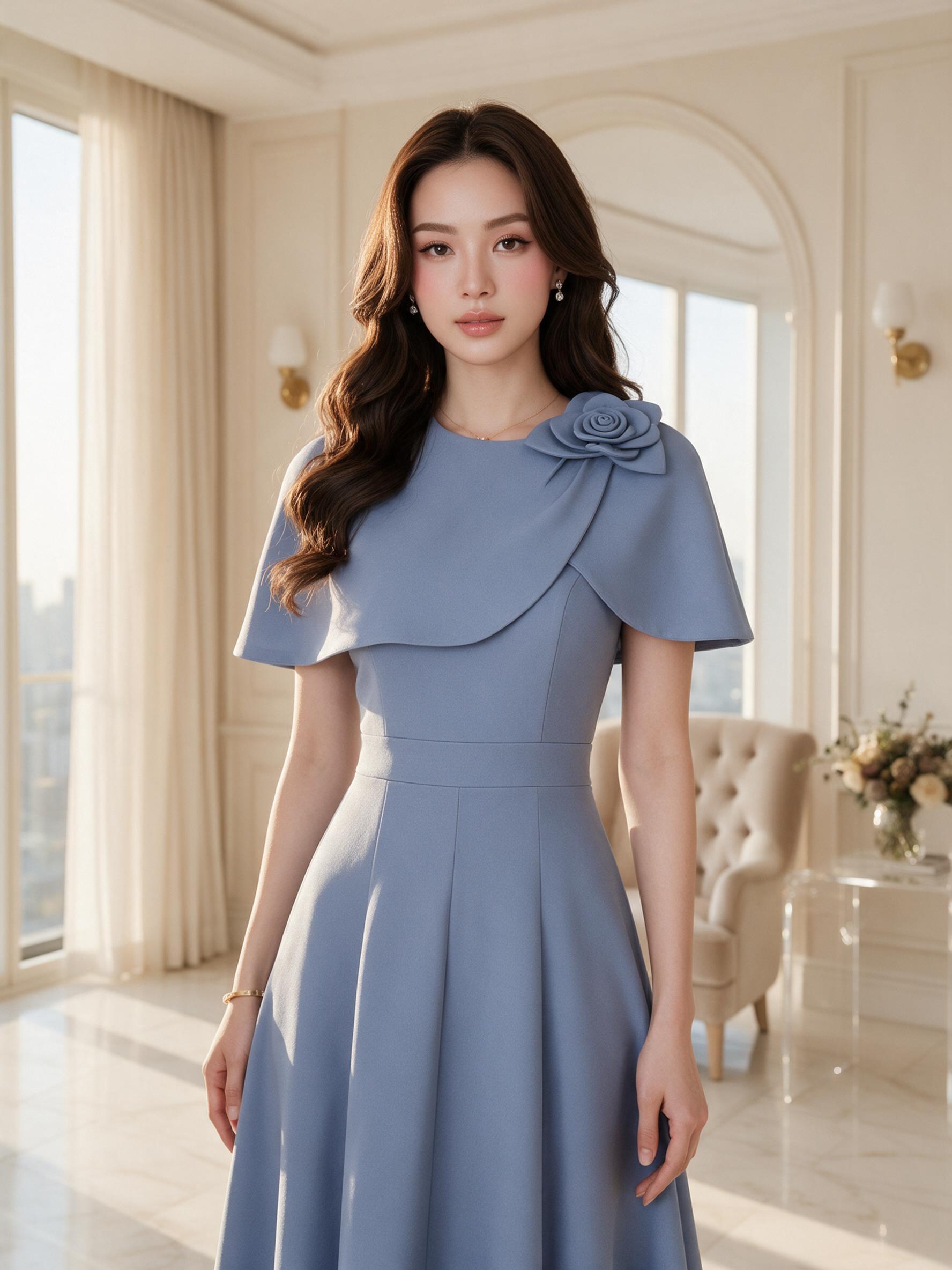 THE CLOSETA : LB560 ชุดเดรสคลุมไหล่แต่งดอกไม้บ่า - ลุคพอร์ตเทรต