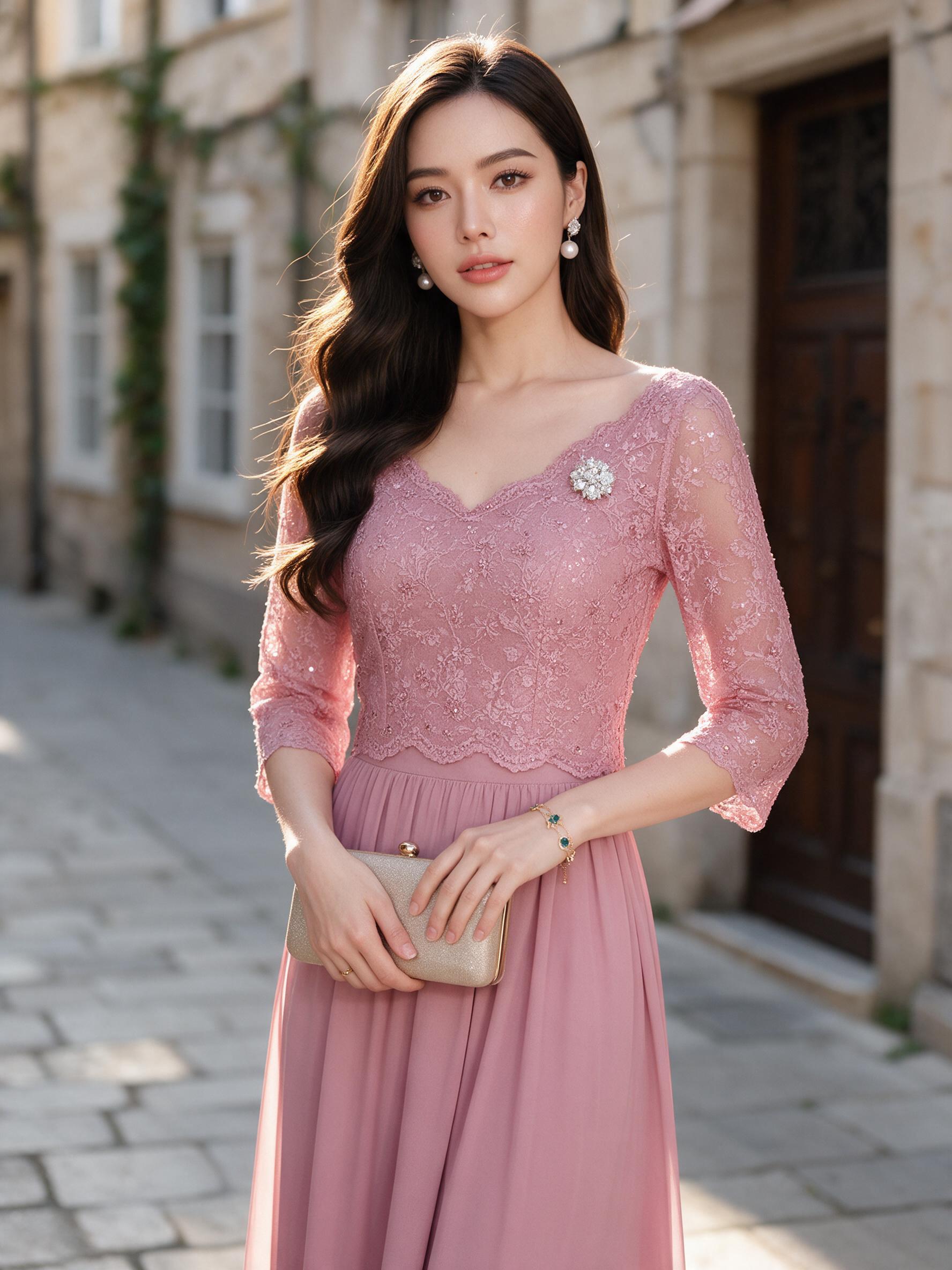 6375:ชุดเดรสออกงานตัวเสื้อลูกไม้พรีเมี่ยมกระโปรงแต่งผ้าชีฟอง - ลุคพอร์ตเทรต