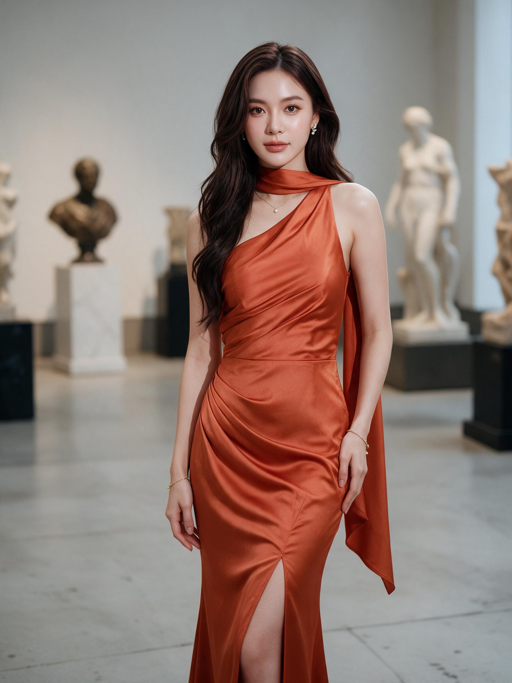 ชุดเดรส ชุดออกงาน ชุดราตรี F271 ไหล่เบี่ยง สไบเล็ก มีจีบ - ลุคพอร์ตเทรต