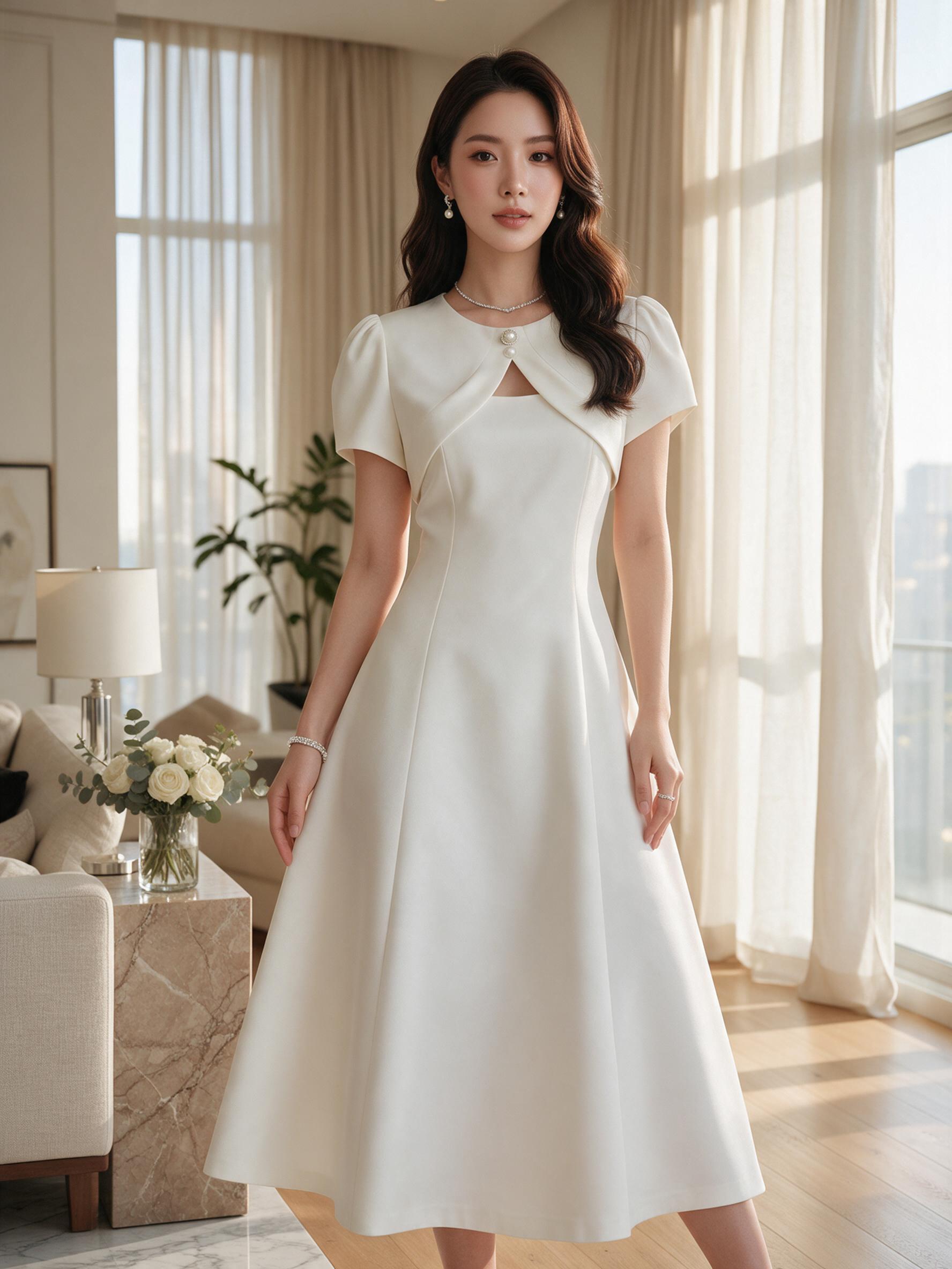 THE CLOSETA : LB84 ชุดเดรสออกงานแขนสั้นคอกลมแต่งกระดุมมุกผ้า - ลุคพอร์ตเทรต