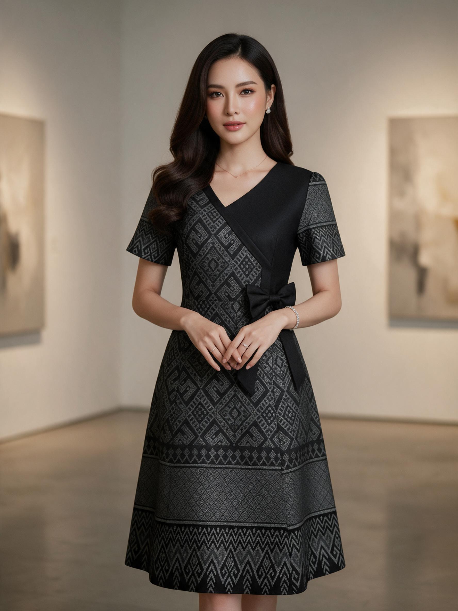 MOCCA's มอคค่า ชุดเดรสลายไทยโมเดิร์น ดีเทลไล่เฉดสี  เดรสดำ - ลุคพอร์ตเทรต