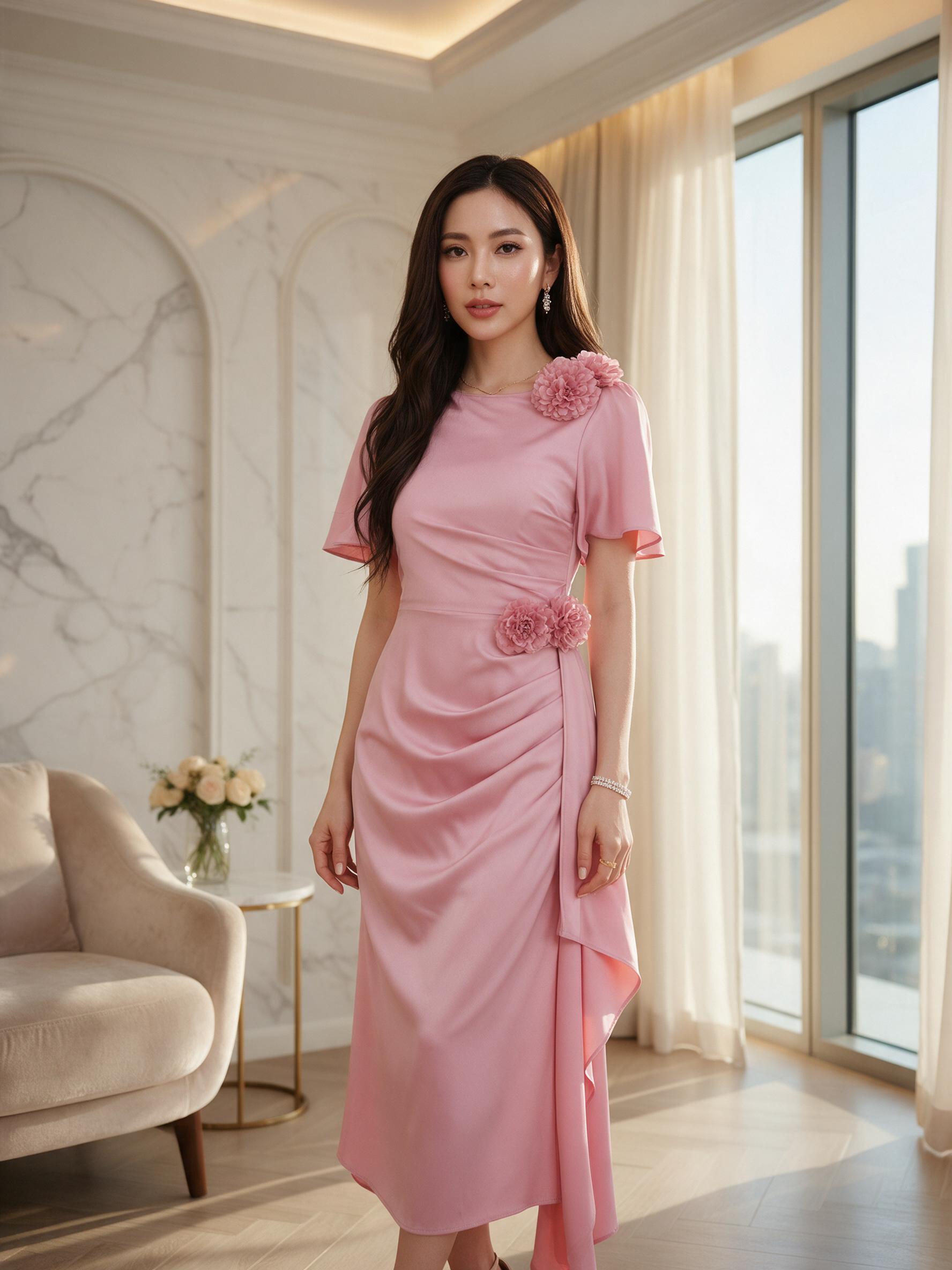 ชุดเดรส ชุดออกงาน ชุดราตรี FP039 เกรดพรีเมี่ยม คอกลม - ลุคพอร์ตเทรต