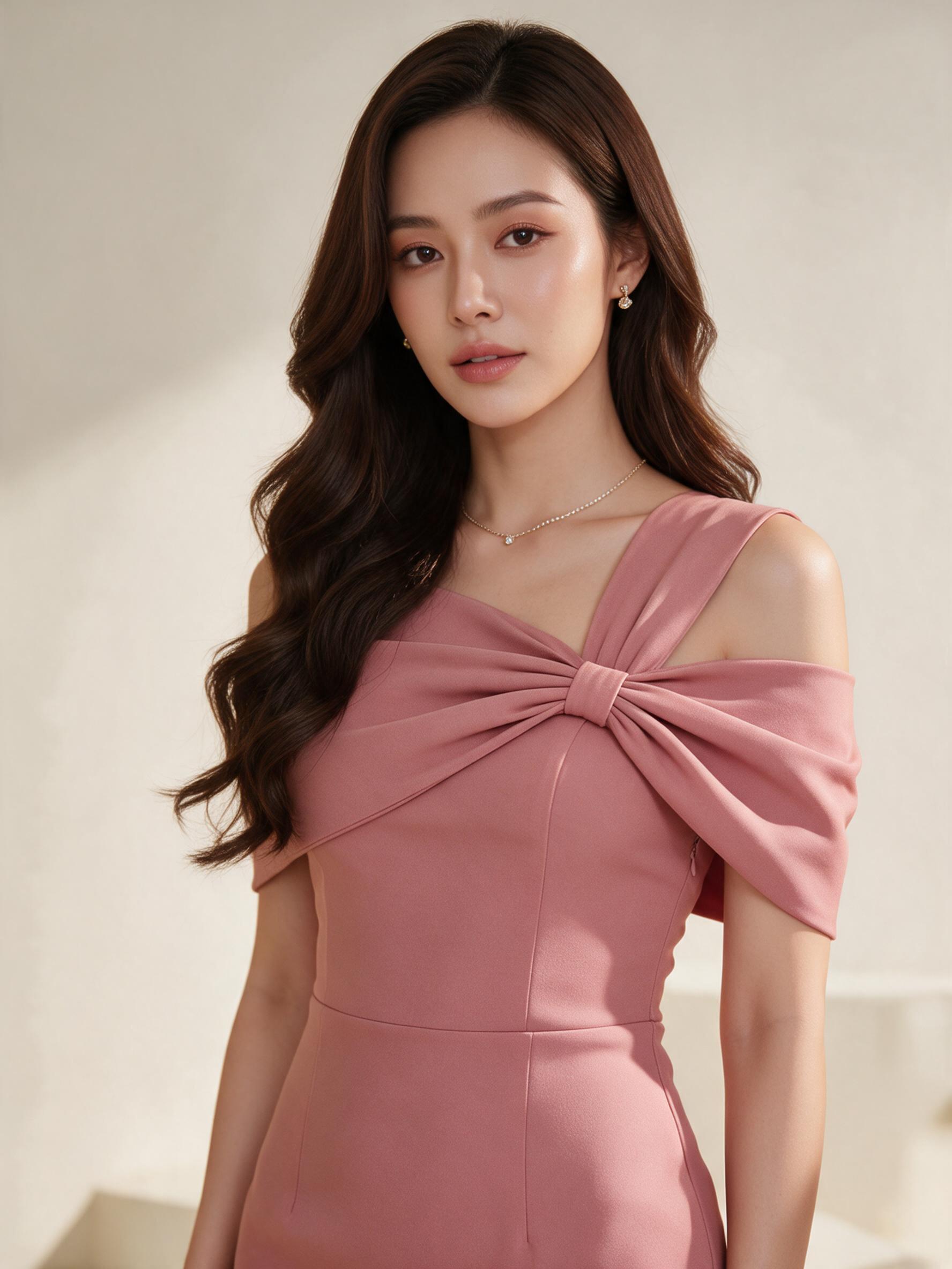 ชุดเดรส ชุดออกงาน ชุดราตรี F274 รวบโบว์ 3 แฉก - ลุคพอร์ตเทรต