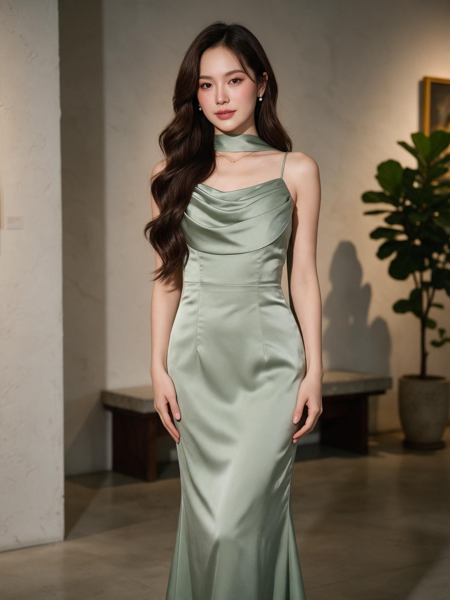 ชุดเดรส ชุดออกงาน ชุดราตรี F291 เดรสยาวสายเดี่ยว แต่งคอถ่วง - ลุคพอร์ตเทรต