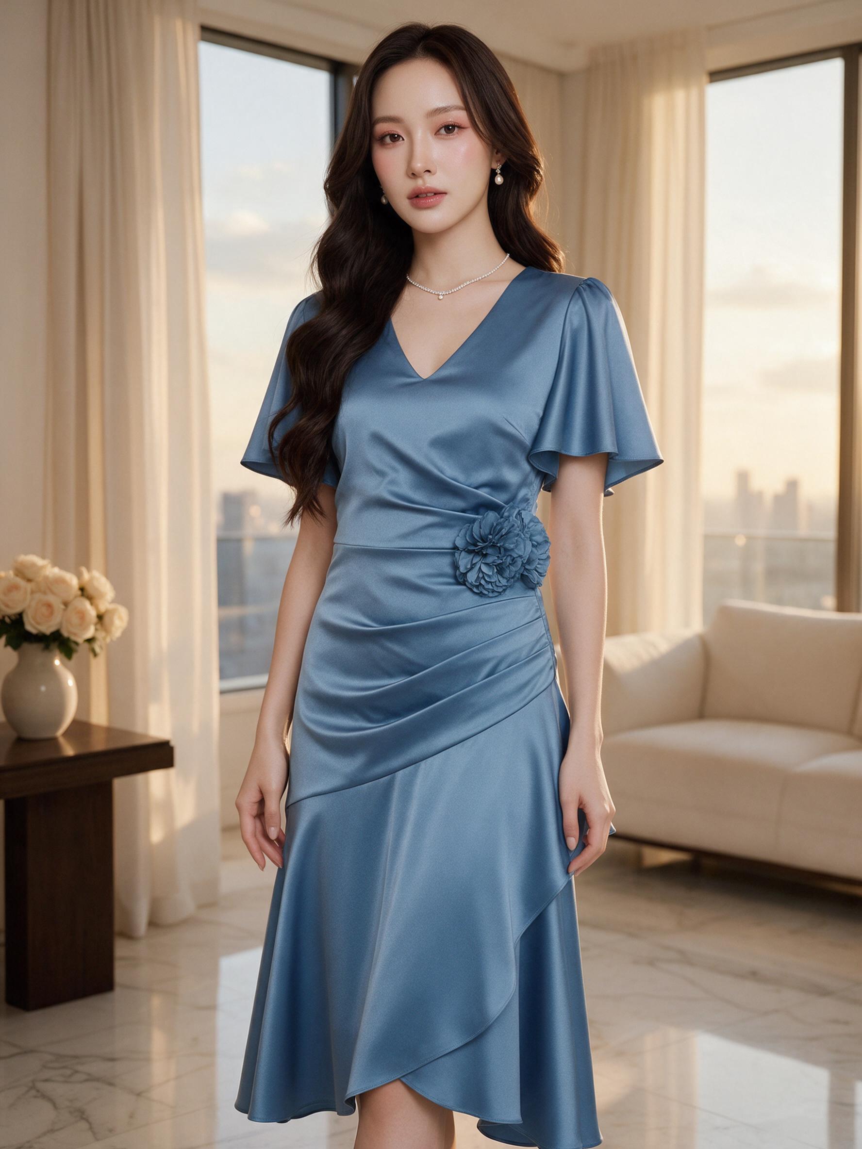 ชุดเดรส ชุดออกงาน ชุดราตรี FP068 เกรดพรีเมี่ยม คอวี แขนสั้น - ลุคพอร์ตเทรต